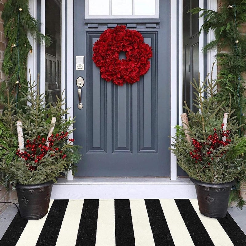 LEEVAN Black and White Striped Door Mat 2'x4' Washable Front Porch Rug Cotton Woven Reversible Rugs Farmhouse Black Outdoor Rug Indoor/Outdoor Welcome Doormat White Entryway Throw Rugs - Image 1